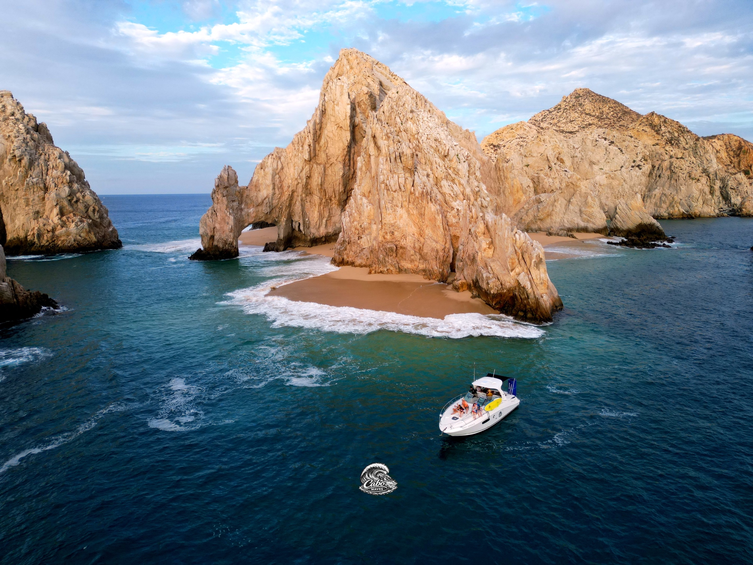 Aerial view of Señorita approaching El Arco in Cabo San Lucas