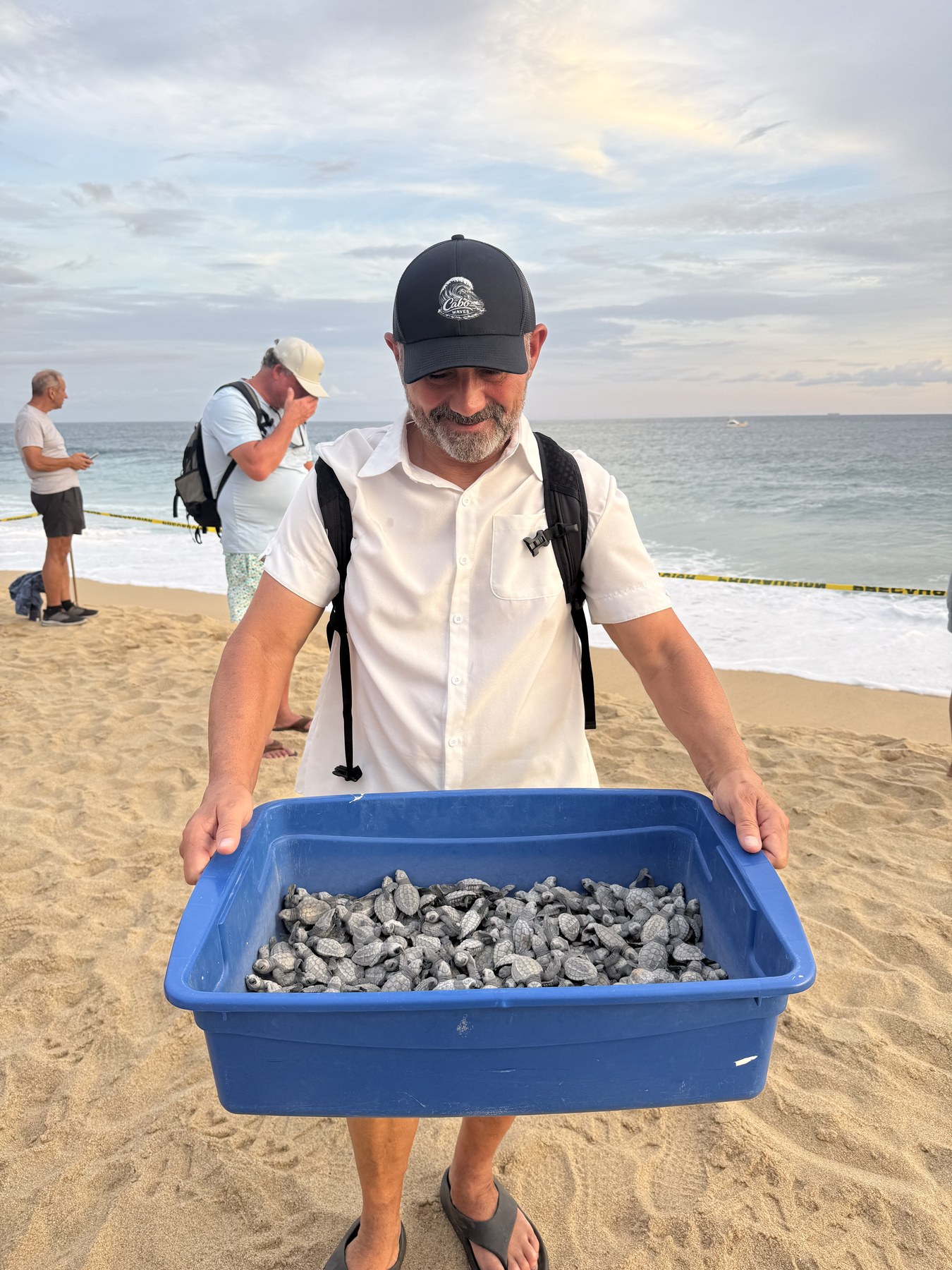 Norman Major en la playa, sosteniendo un recipiente con crías de tortuga marina